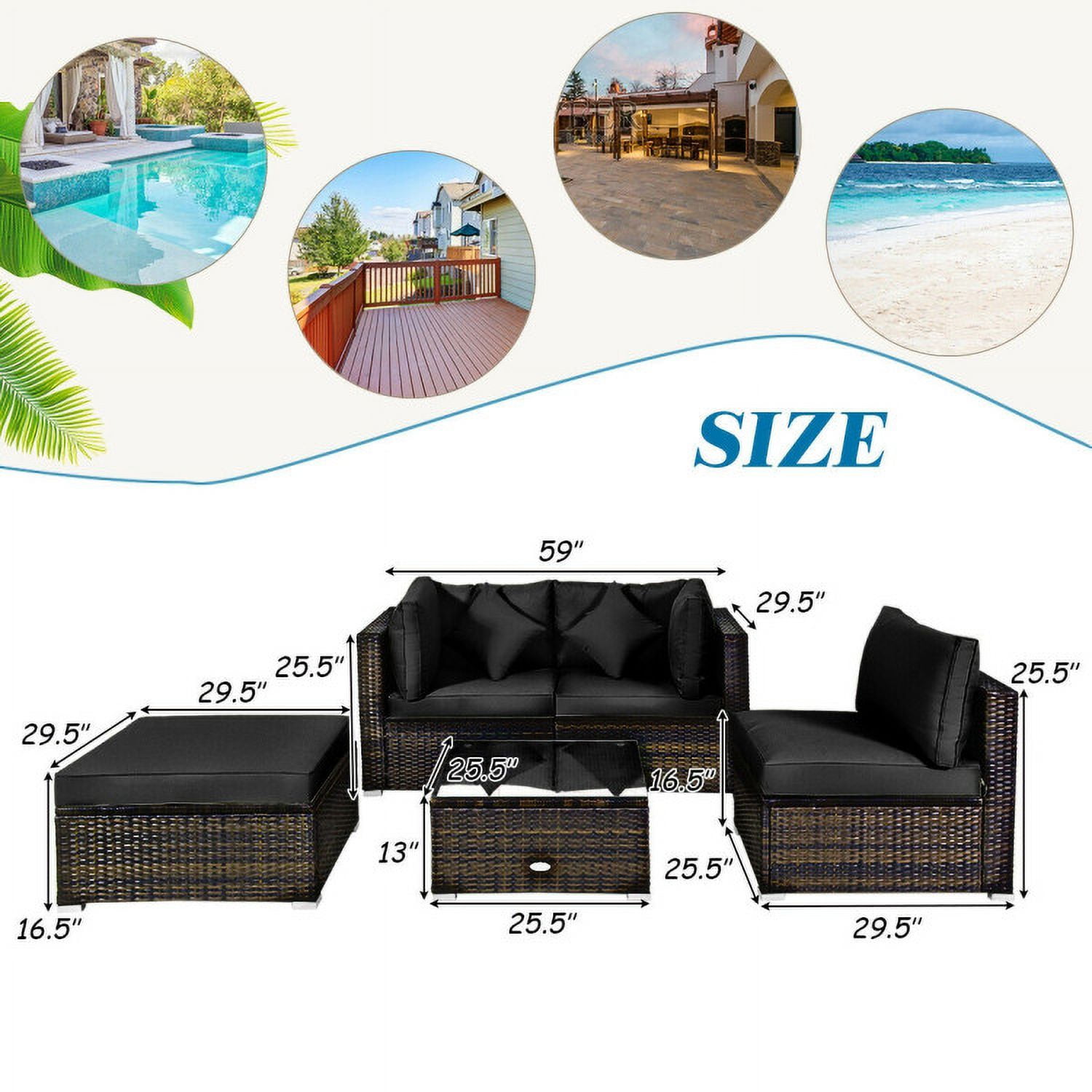 Aimee Lii 5 Pcs Outdoor Patio Rattan Furniture Set Sectional Conversation with Cushions, Outdoor Patio Set, Black