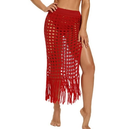 AKAFMK Swimsuit Cover up for Women Beach Bikini Wrap Hollow Out Long Skirt Crochet for Swimwear Tassel Skirts