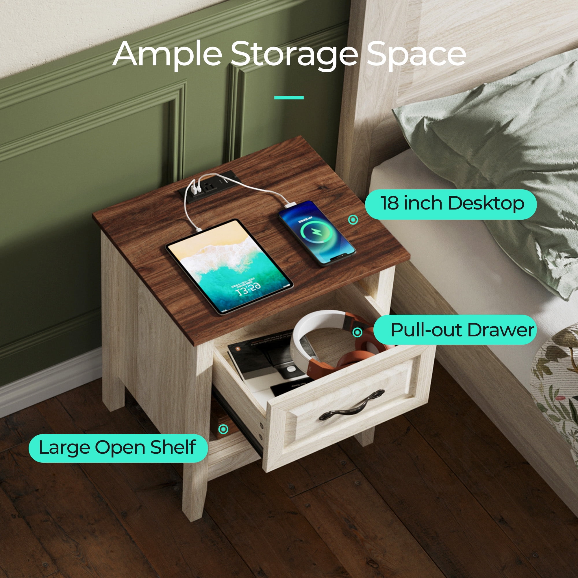Linsy Home 3 Pieces Farmhouse Bedroom Furniture Set, Includes Queen Size Wood Bed Frame with Storage Headboard, Nightstand Set of 2 with Charging Station, Beige