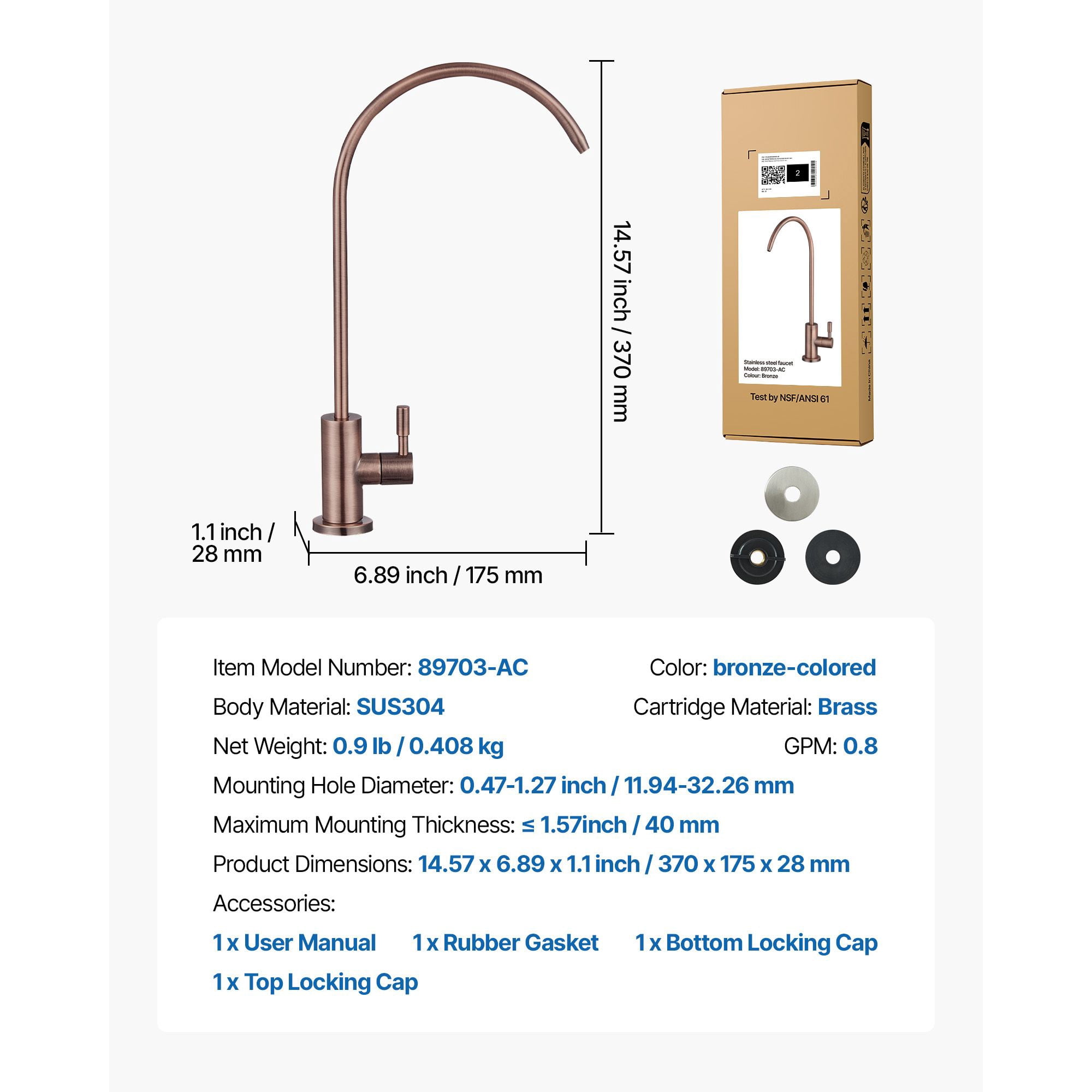 Premium Lead-Free Drinking Water Faucet, Food Grade 304 Stainless Steel Brass Valve, ANSI 61 Tested RO Filter Tap for Kitchen Sink Clean Water