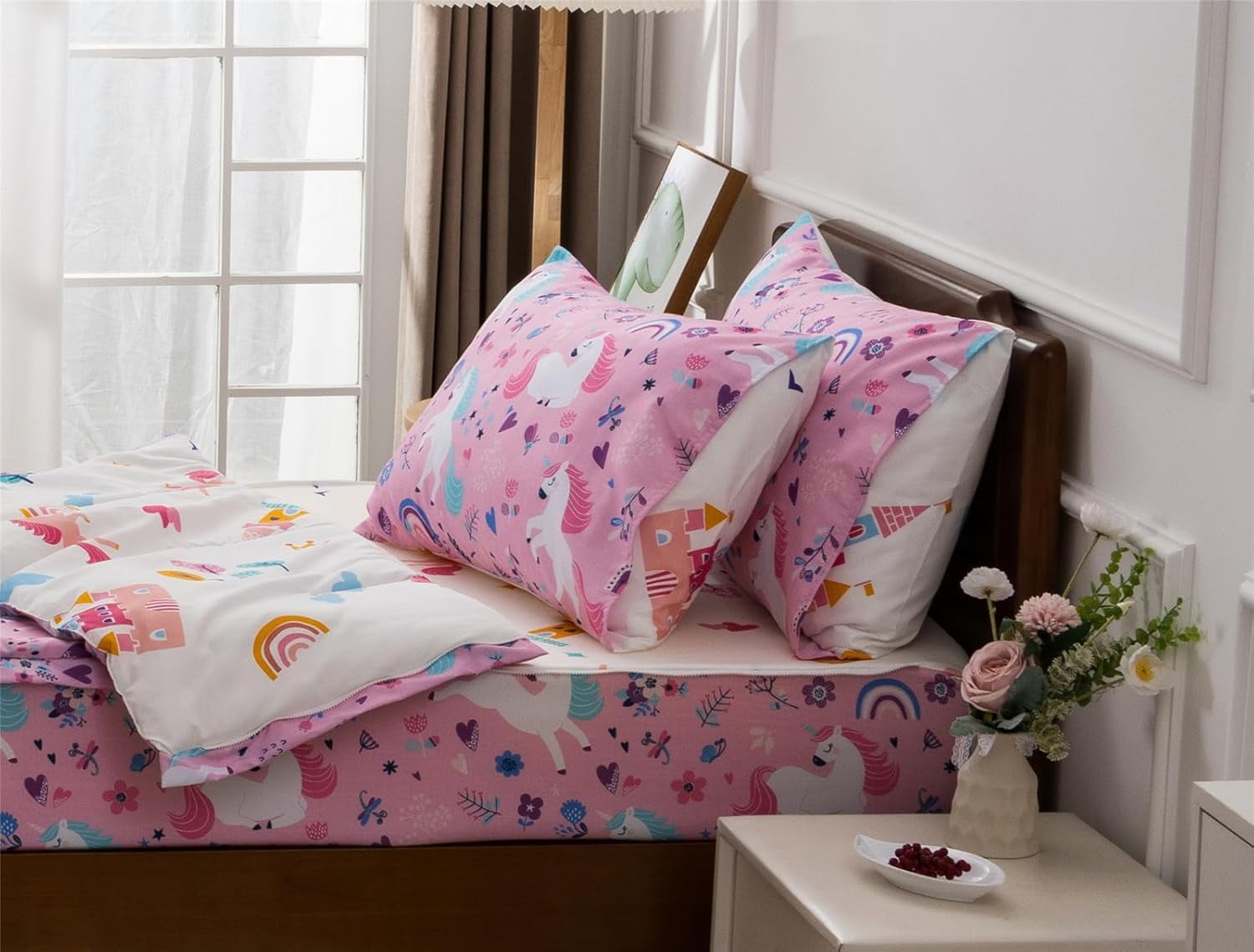 NTBED 3pcs Kids Comforter Sets Zipper Bedding Set for Girls,Twin Kid Bedding Set Rainbow Comforter Unicorn Bedding Set for Kid,All in one Zipper Bedding(Pink，Twin)