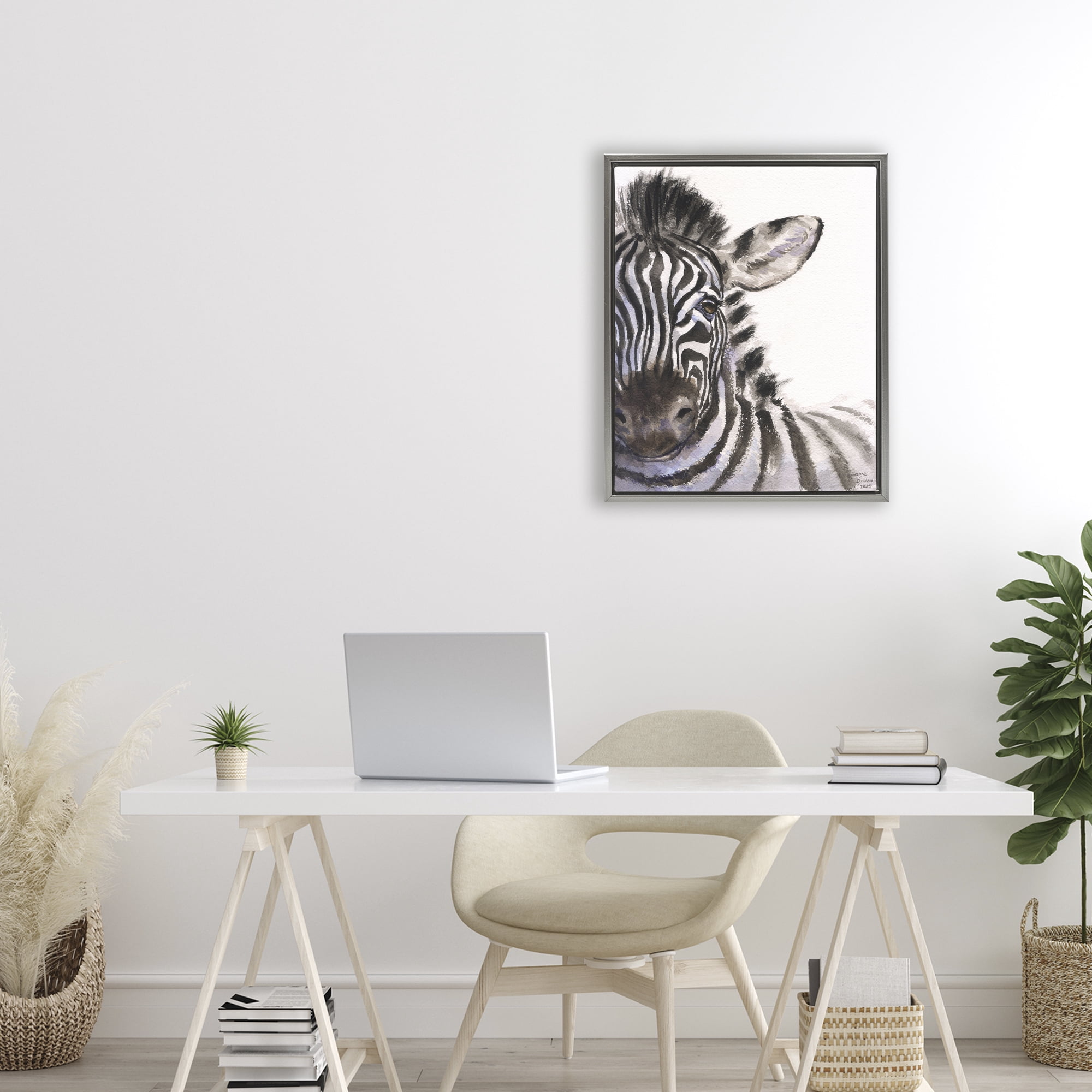 Stupell Industries Zebra Portrait on White Gray Framed Floater Canvas Wall Art, design by George Dyachenko