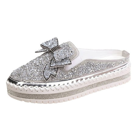

Slippers Women Thick Soled Bowknot Rhinestone Shoes Pu Silver 40