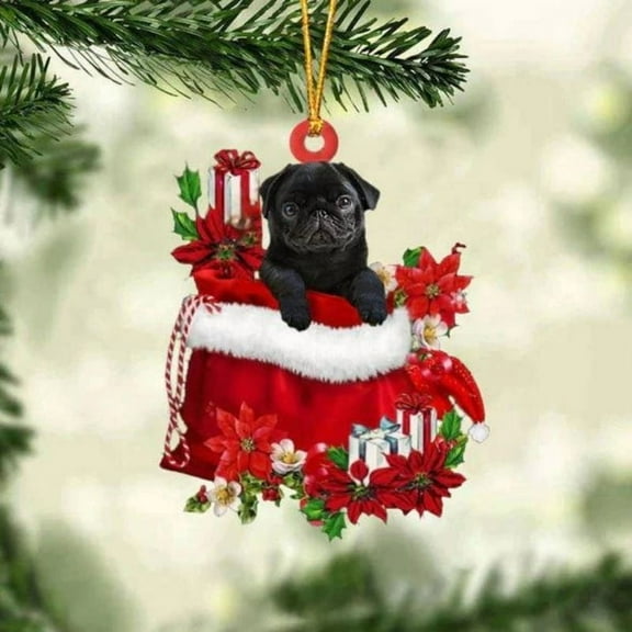 Acrylic 2D FLAT - Pug In Gift Bag Christmas Ornament - Holiday Tree Decoration