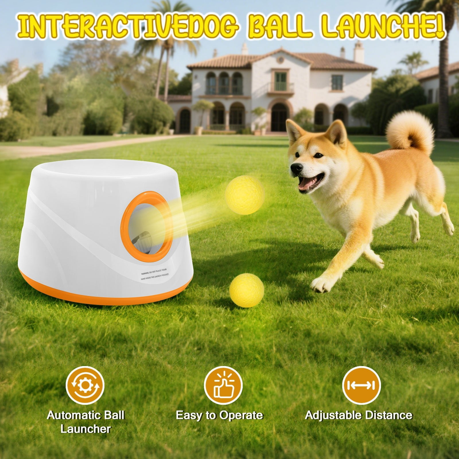 CJC Dog Ball Thrower Dog Automatic Ball Launcher for Dogs, 3 Adjustable Distances, 5 Balls Included – Interactive Fetch Toy for Indoor & Outdoor Play (Orange)