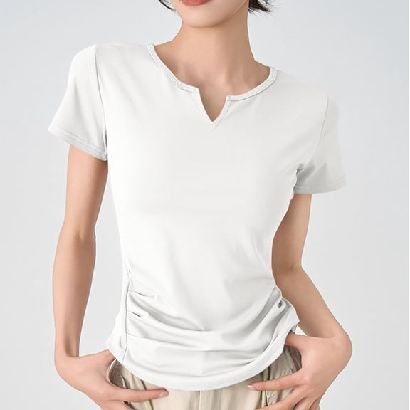 Women's V-Neck T-Shirt, Short Sleeve Casual Top, Soft Polyester Solid Color Blouse for Everyday Wear