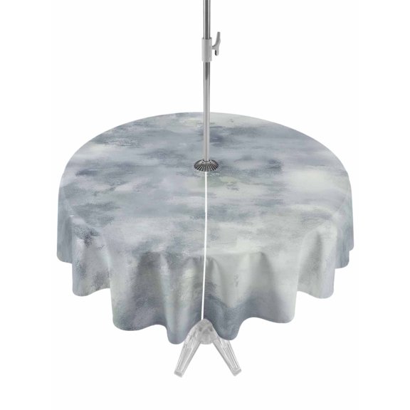Outdoor Table Cloth with Umbrella Hole and Zipper, Vintage Blue Waterproof Round Tablecloth 60 Inch, Modern Abstract Art Oil Painting Washable Table Cover for Outside Party Patio Picnic