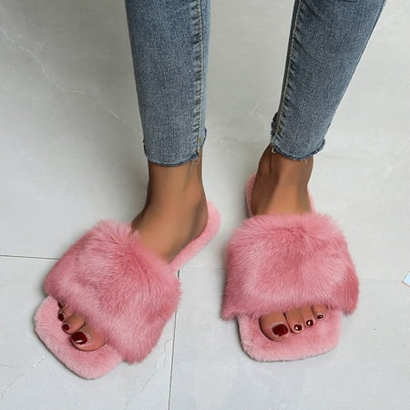 

Women s Fashion Square Toe Pure Color Furry Comfortable Casual Flat Slippers