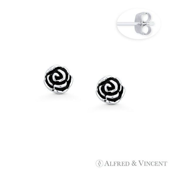 Rose Flower Charm 3D Stud Earrings in Oxidized .925 Sterling Silver