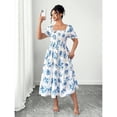 thumbnail image 3 of Blue & White Floral Print Square Neck Ruffle Bust Elastic Waist Flowy Maxi Dress For Women Summer Beach Vacation, 3 of 7