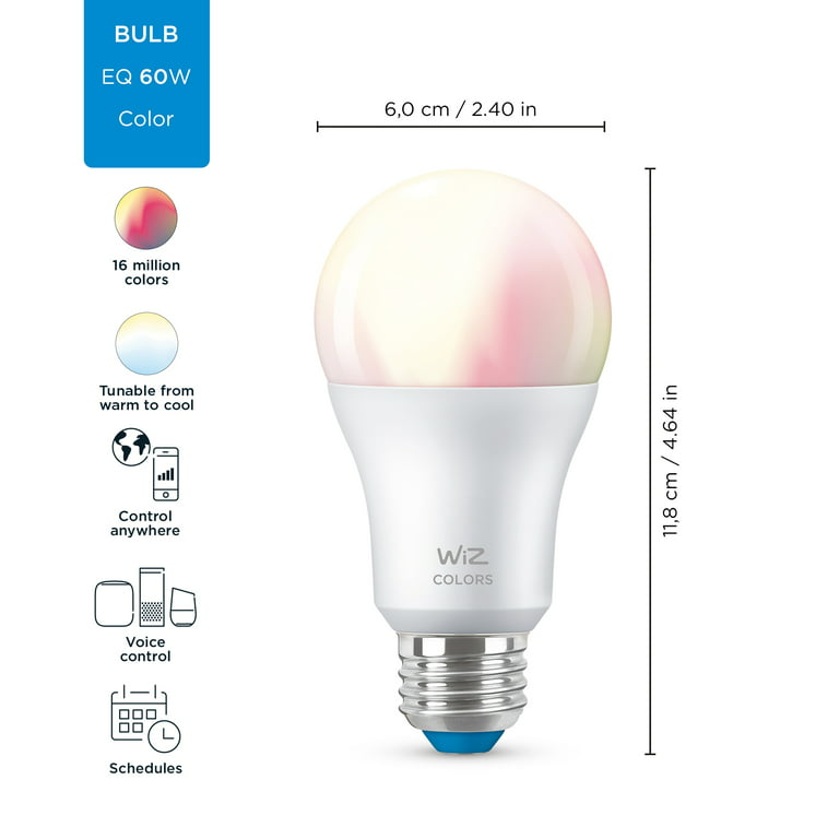 WiZ LED Smart Wi-Fi 60-Watt A19 Color & Tunable White Light Bulb, Dimmable, 2-Pack - Walmart.com