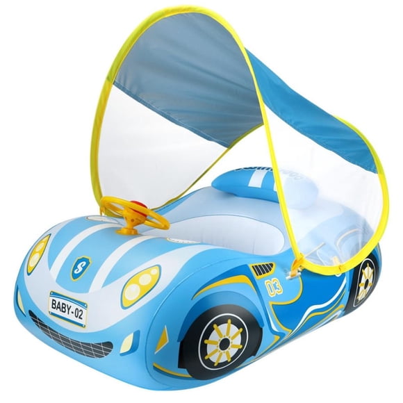 Flotador de piscina inflable para bebé con dosel, flotador de natación para bebé en forma de coche con asiento de seguridad, bocina de volante para juegos al aire libre en la playa de verano infantil
