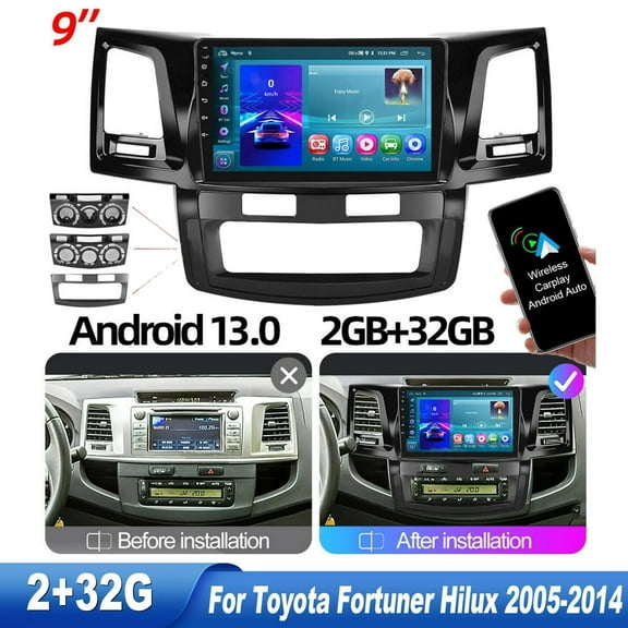 Zcargel Android 13 CarPlay Stereo for 2005-2014 Toyota Fortuner Hilux, Wireless CarPlay Radio with Android Auto, 9'' Touch Screen in-Dash GPS Navigation Support Mirror Link BT HiFi WiFi RDS