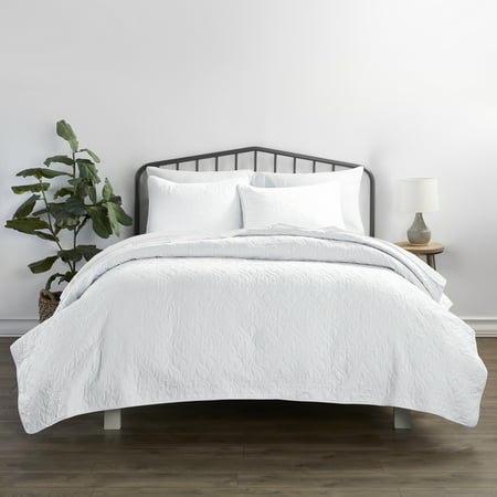 Queen Quilted Coverlet Set - Noble Linens 3 Piece Ultra Soft Damask Pattern Quilted Coverlet Set