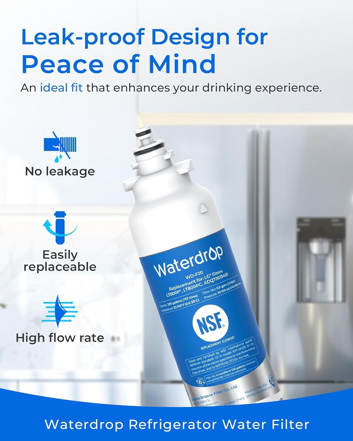 Waterdrop ADQ73613401 Replacement for LG® LT800P®, ADQ73613402, ADQ73613408, ADQ75795104, Kenmore 9490, LSXS26326S, LMXC23746S, LSXS26366S Refrigerator Water Filter,  Pack of 6 ( package may vary)