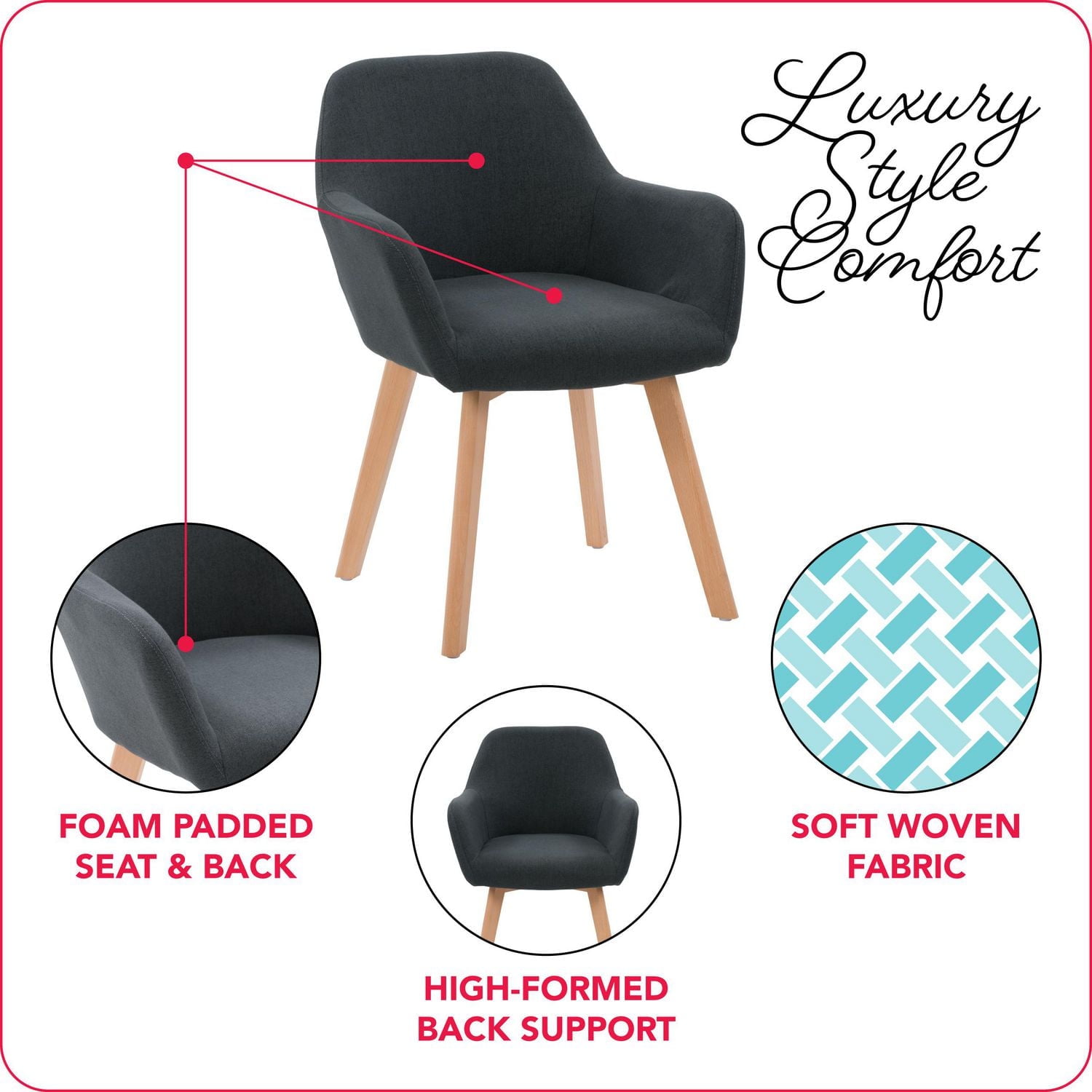 CorLiving Ayla Upholstered Indoor Dining Side Chair with Arms and Wood Legs