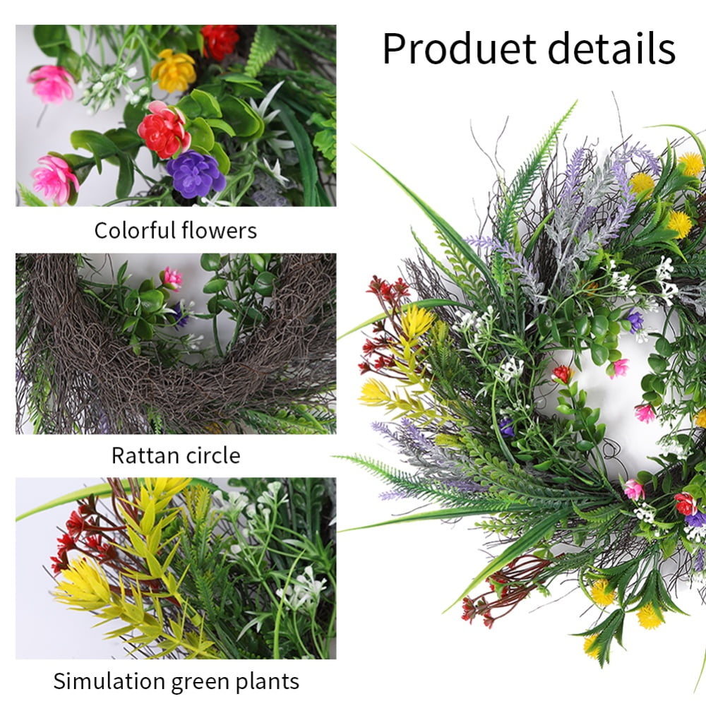 Spring Wreath 17.7 Inch Wreath for Front Door Colorful Artificial Floral Wreath Daisy Eucalyptus Flower Summer Door Wreath Decor Wreath for Indoor Outdoor Wall Window