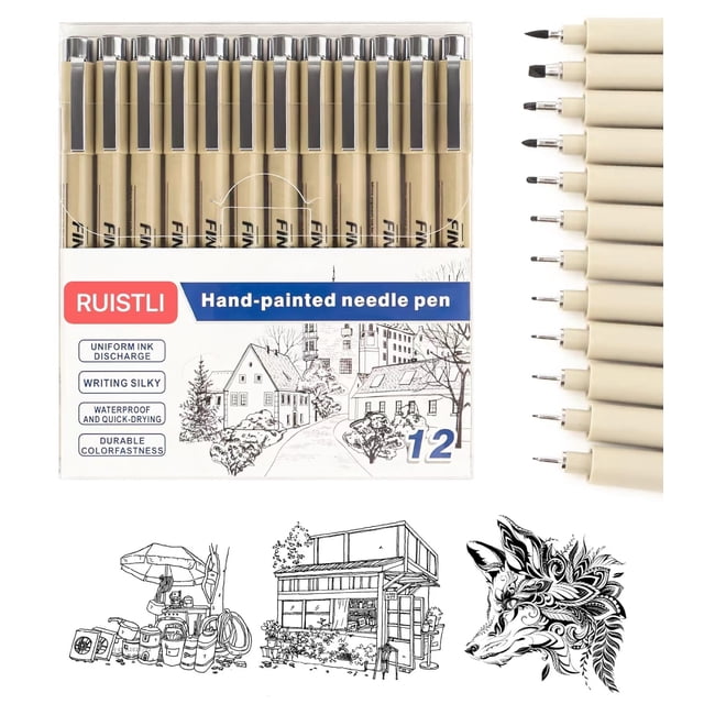 RUISTLI Estilografos (12 PCS) Rotuladores Punta Fina a Grueso,Plumas Negras Para Rotuladores y Dibujo,Estilógrafo para Caligrafía,Escribir,Diseñar,Cómic(12)