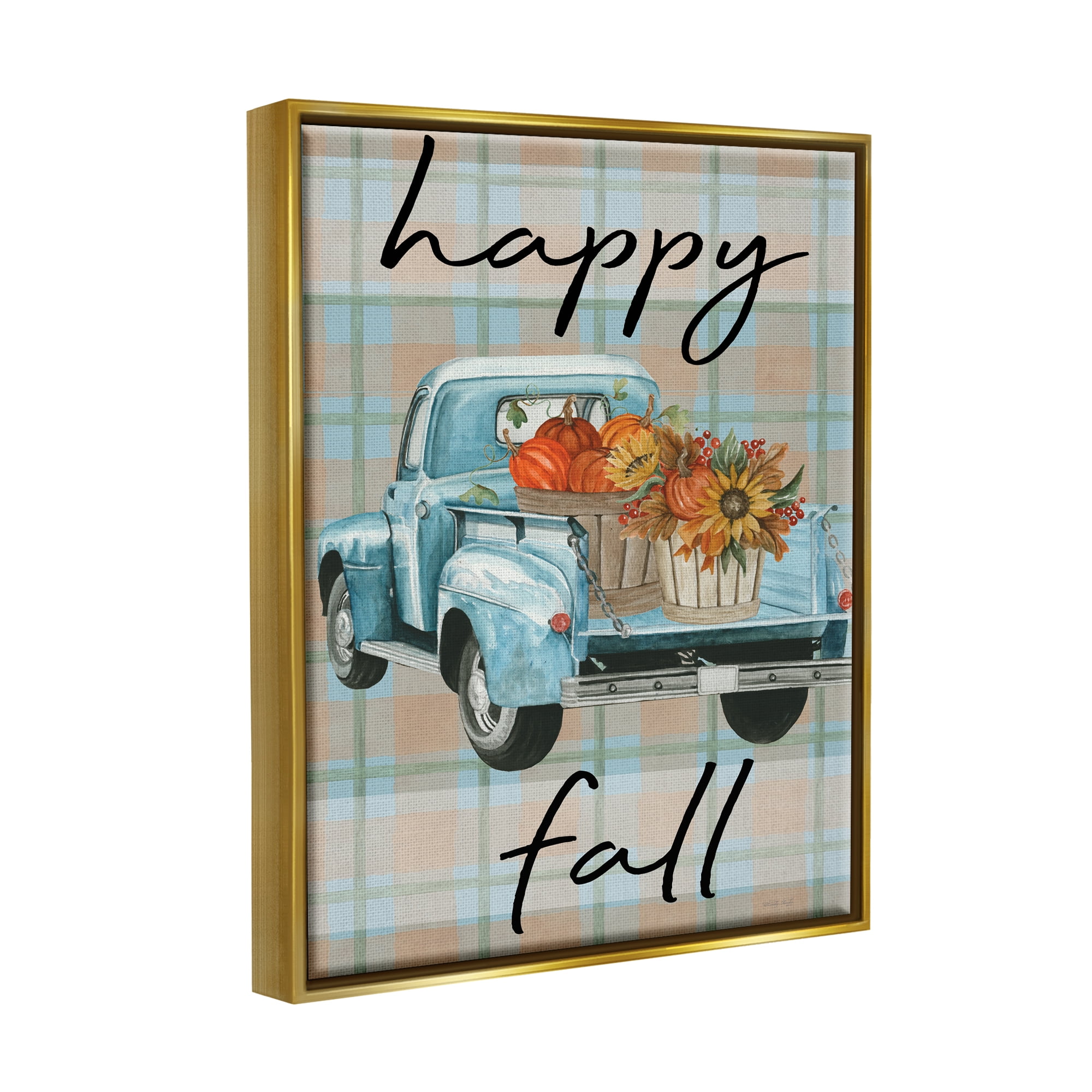 Stupell Industries Happy Fall Flower Truck Transportation Painting Gold Floater Framed Art Print Wall Art, 25 x 31