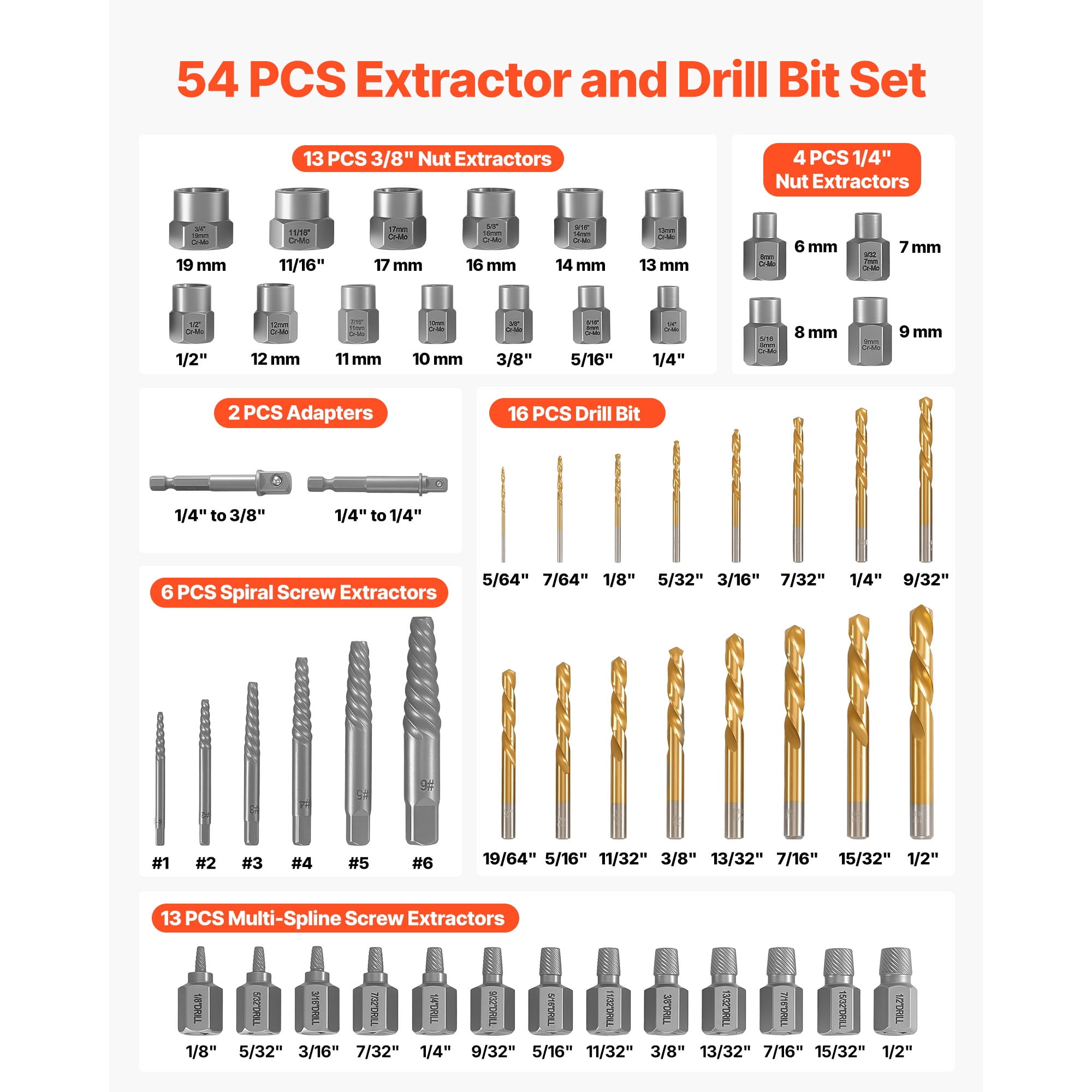 KFFKFF 54-Piece Screw Extractor Set with Drill Bits, Includes Nut Bolt Extractors, Adapters, and Storage Case, Made of Cr-Mo Steel for Removing Damaged, Rounded, or Stripped Fasteners