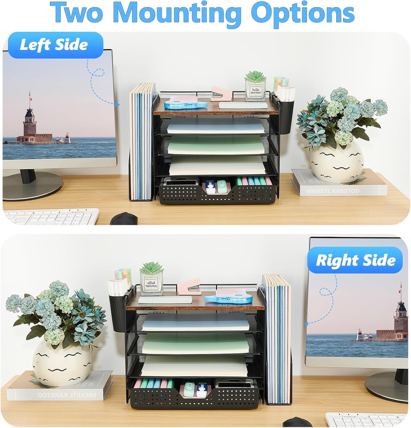ThrottleT-Desk Organizers and Accessories with File Holder,5Tier Office Desk Accessories & Workspace Desktop Organizer with Drawer and 2 Pen Holder,File Paper Organizer for Office Supplies(Brown Wood