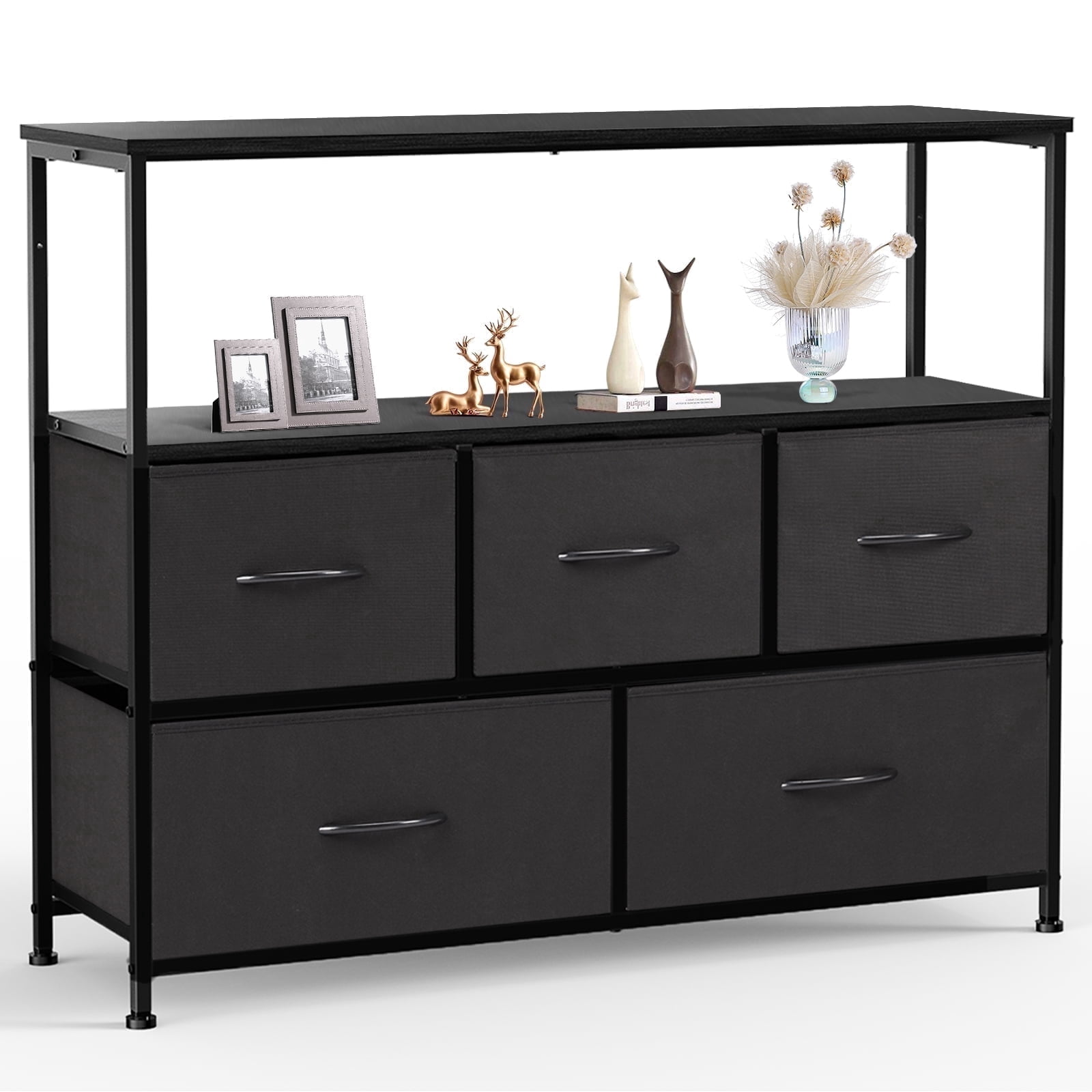 CONCETTA TV Stand Dresser with 5 Fabric Drawers and Open Shelving, Multi-functional Storage Unit Fits TV up to 45 inches for Bedroom Living Room Hallway, Black