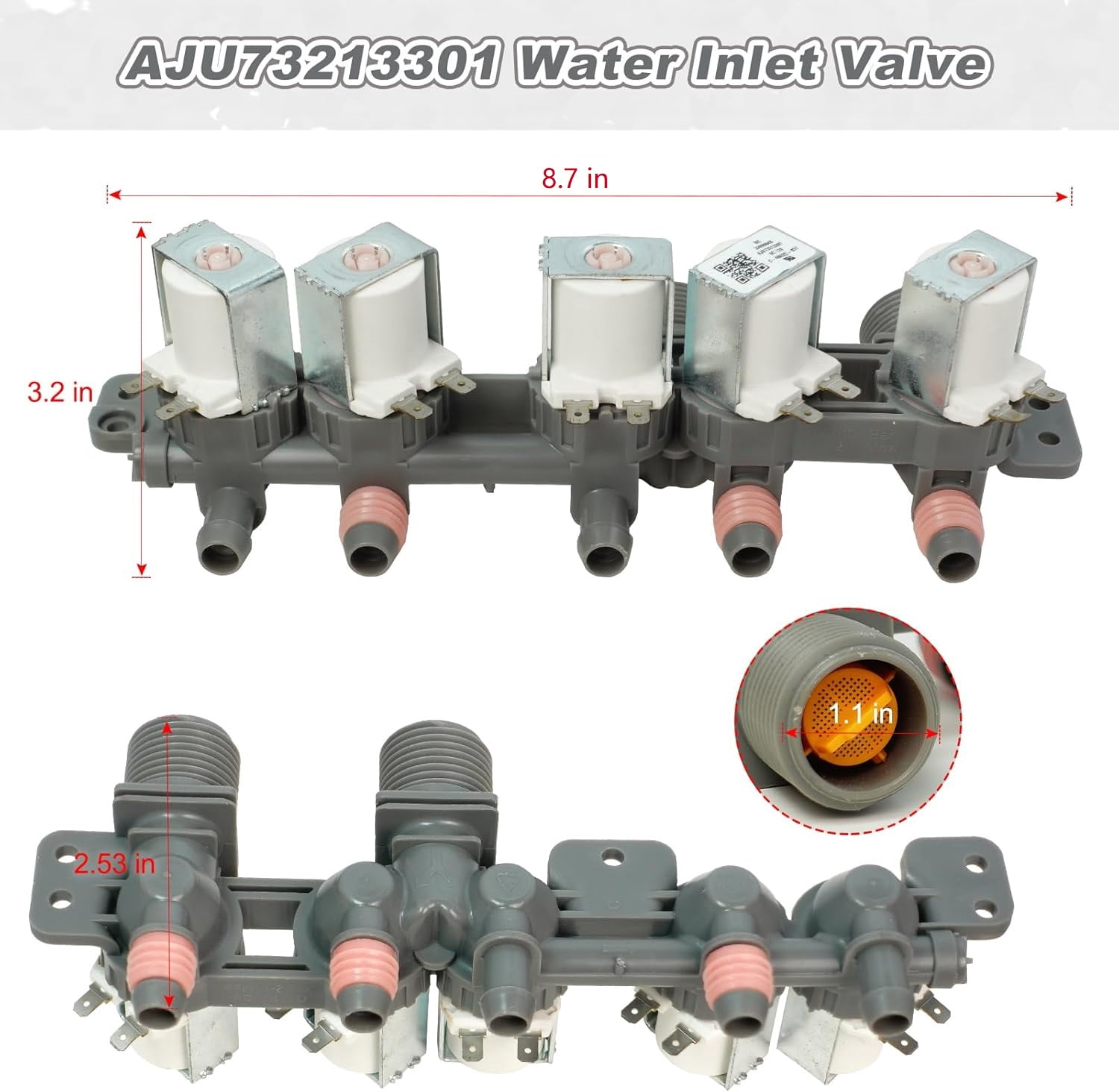 RVKXHD AJU73213301 AJU75152601 5221EA1008F Washer Water Inlet Valve (OEM part), 2025 UPGRADED water valve replaces for Kenmore LG washing machines wt7200cw,79631522211, wt4801cw,wt1201cw (8.7 Inch)