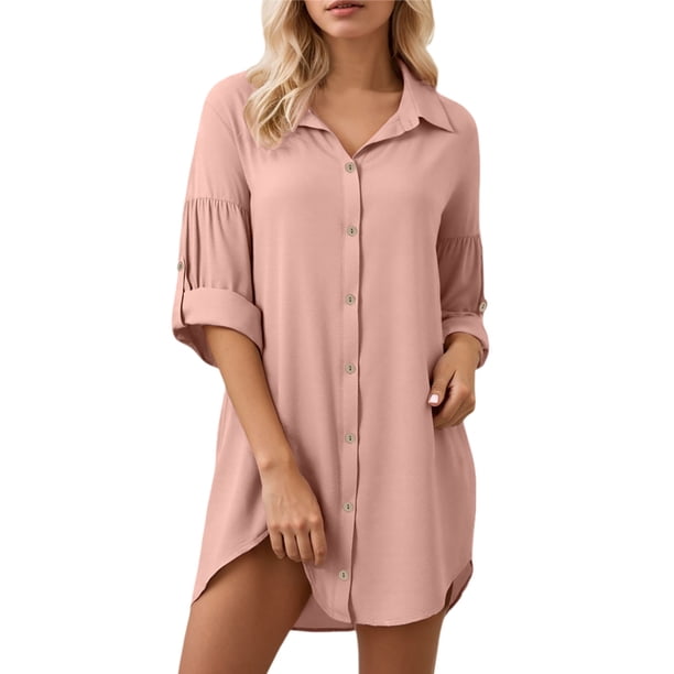 Vestido camisero de manga corta para mujer - Vestido informal de verano con botones y bolsillos irregulares