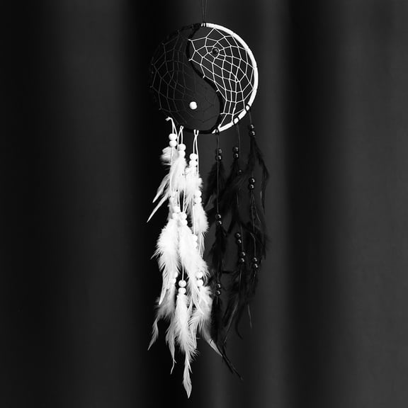 Handmade Yin Dream Catcher Circular Net with Feathers Beads for Wall Car Hanging Decoration Ornament Craft Gift, Black and White