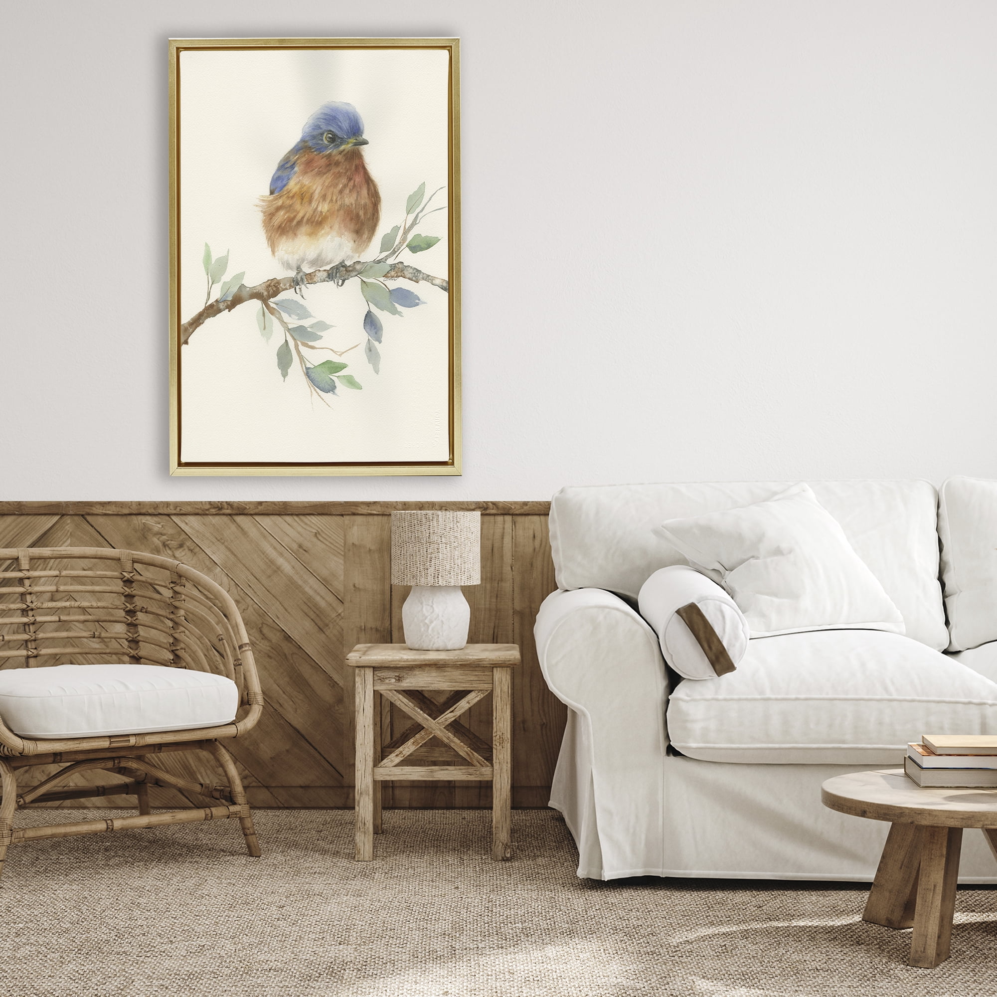 Stupell Industries Songbird Perched on Branch Gold Framed Floater Canvas Wall Art, design by Cady Driver