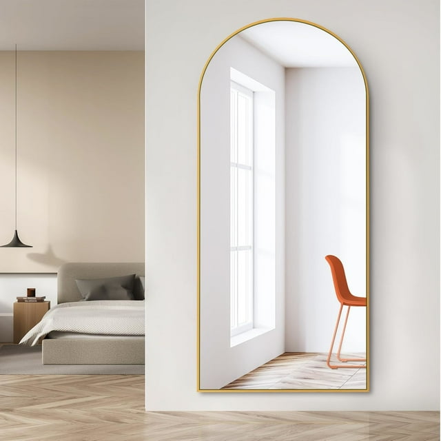A2ZHOME Dolonm 71x24 Inch Arch Full Length Mirror – Modern Design Standing Floor Mirror with Gold Wooden Frame (asPic)