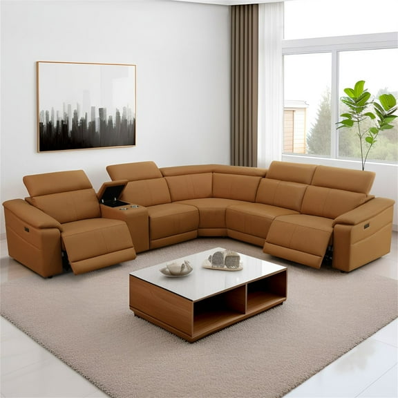 Aukfa 6-Piece Power Recliner Sofa Set with Cup Holders& USB Port, Adjustable Headrest, Leather, Brown