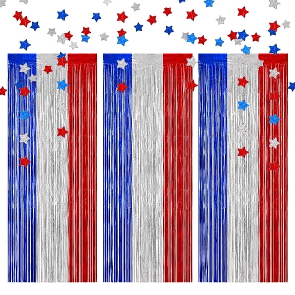 4th of July Decorations - Red White and Blue Patriotic Party Supplies, 9-Pack Star Garland and Foil Fringe Curtains Photo Background