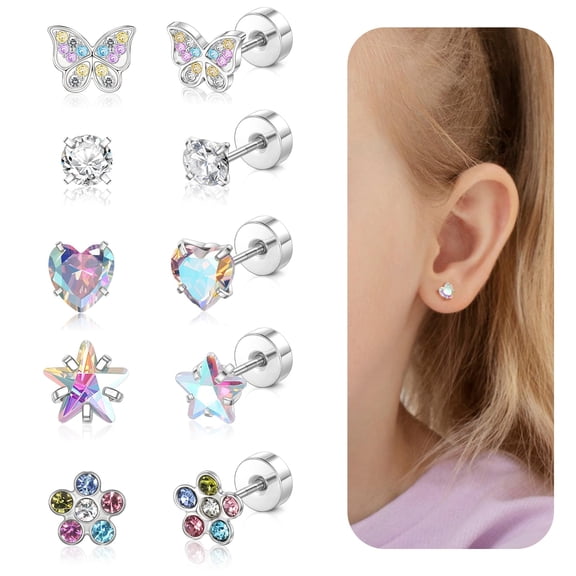Hypoallergenic Screw Back Flat Back Stud Earrings, Lightweight Surgical Steel Cute Pink CZ Bow Butterfly Heart Flower Design, 14K Gold Plated for Sensitive Ears
