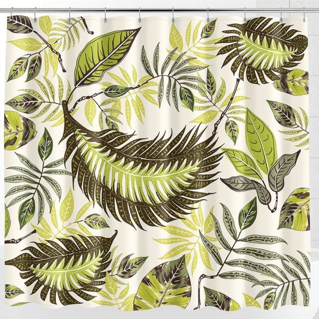 Vibrant Tropical Leaf Pattern Shower Curtain - Greenery on Creamy Background