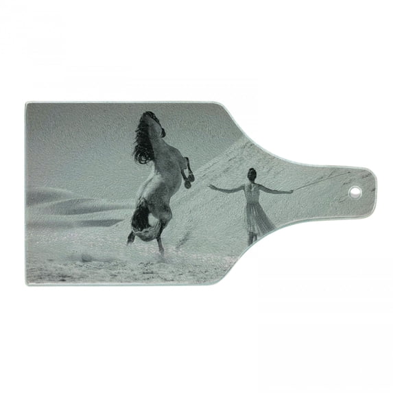 Black and White Cutting Board, Desert Landscape Horse and Lady Fantasy Scenery Monochrome, Decorative Tempered Glass Cutting and Serving Board, Wine Bottle Shape, Black White Grey, by Ambesonne
