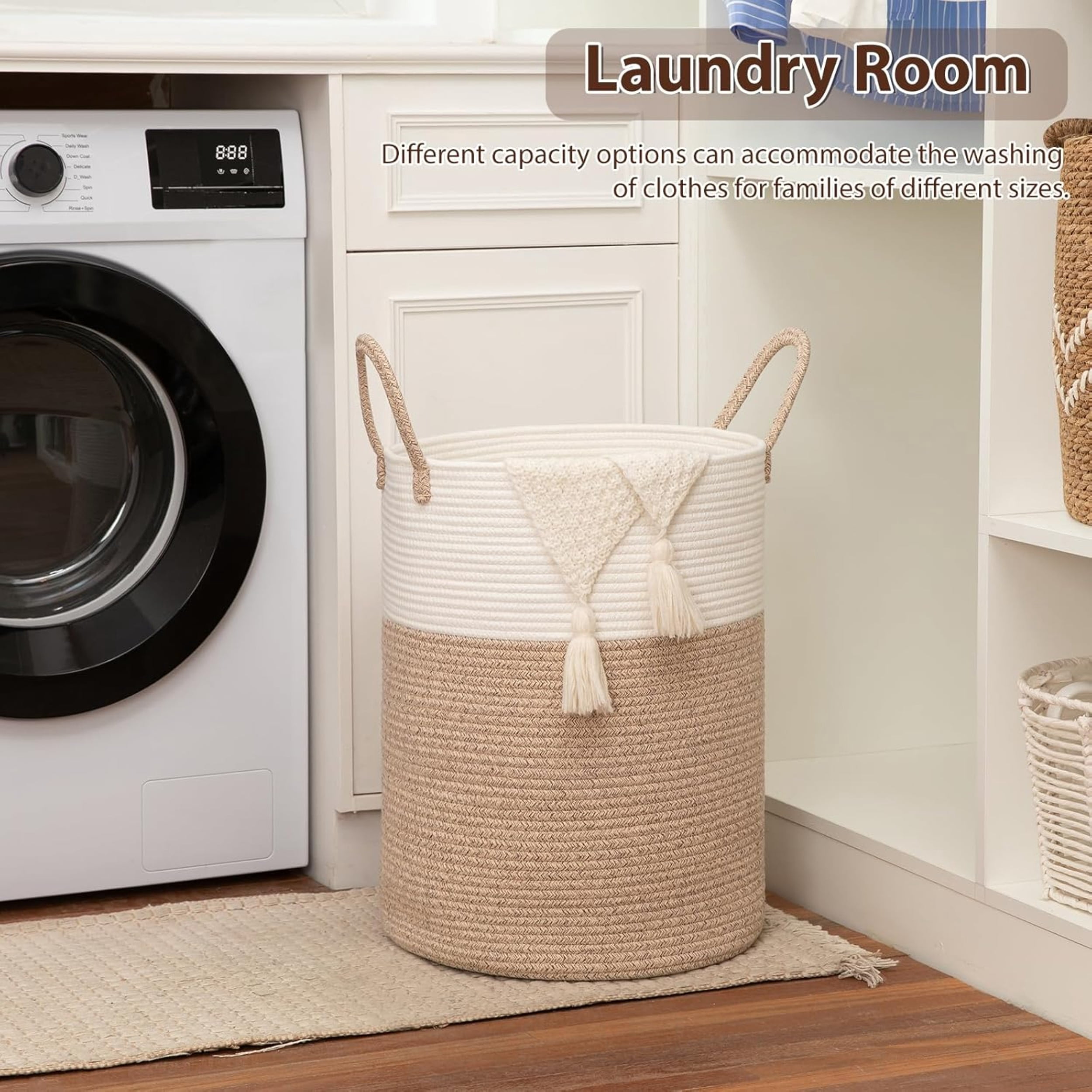 Laundry Basket, Woven Cotton Rope Laundry Hamper for Decor Storage of Dirty ClothesToys and Blankets in Bathroom, Baby Room and Living Room