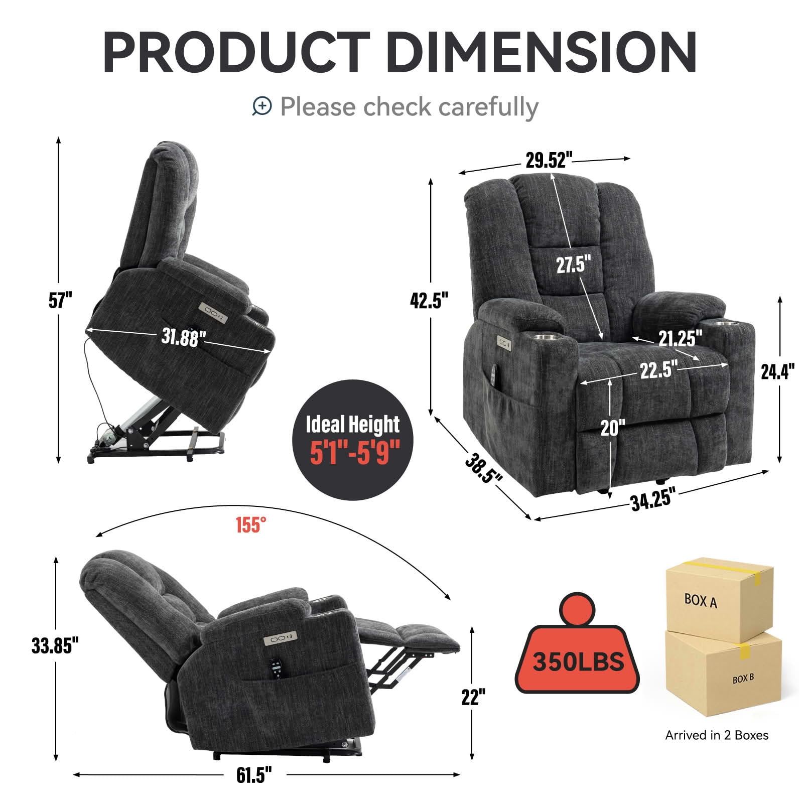 MAYEERTY Dark Grey Chenille 350lbs Power Lift Recliner, Massage Heat USB-C 34"x39"x42" Wide Overstuffed for Elderly