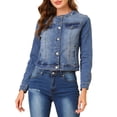 thumbnail image 5 of DARING DIVA Women's Button Down Collarless Cropped Denim Jacket S Blue, 5 of 6