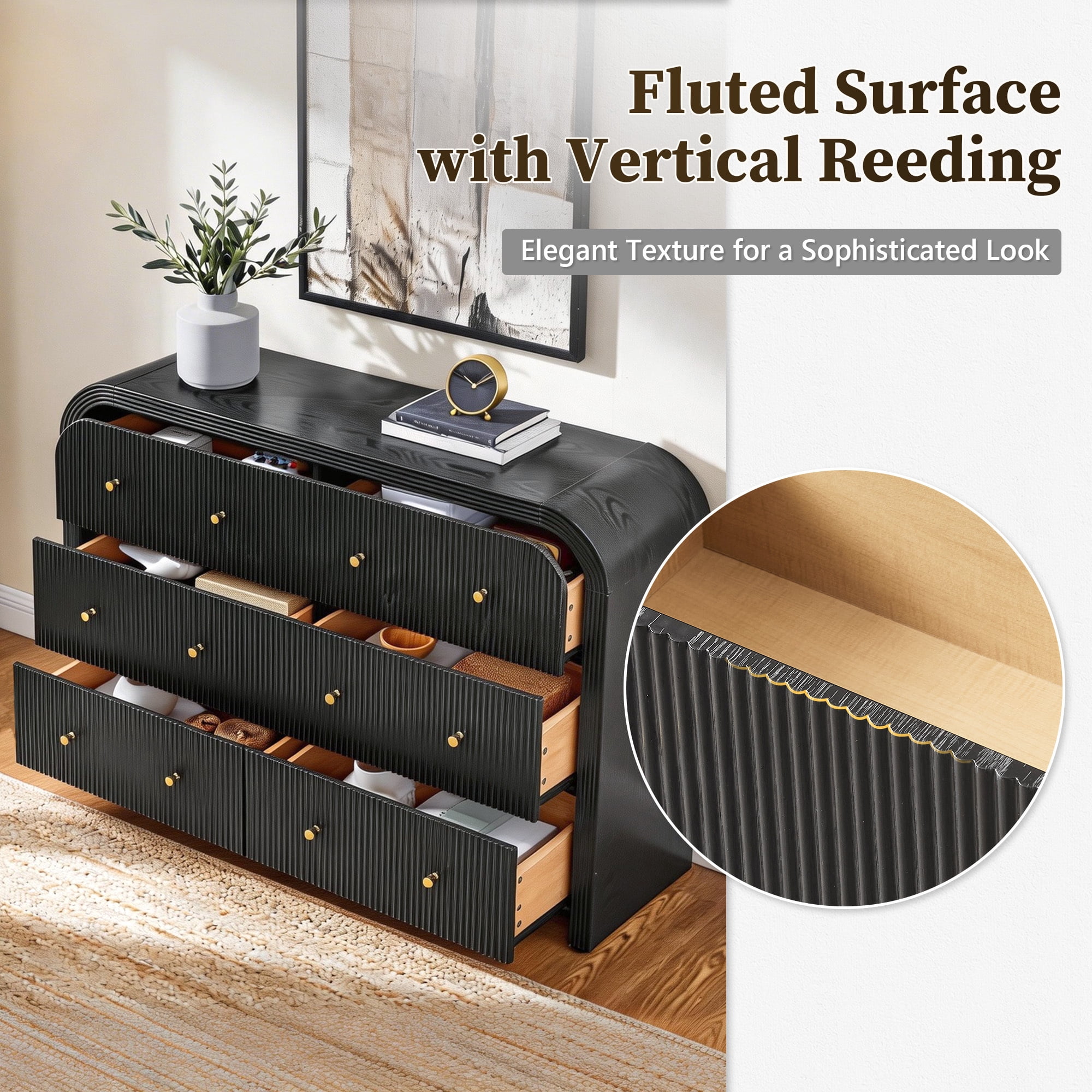KeyWhat 54" Modern 6-Drawer Dresser, Fluted Chest of Drawers with Curved Profile, Wood Storage Cabinet for Bedroom and Living Room, Black Oak