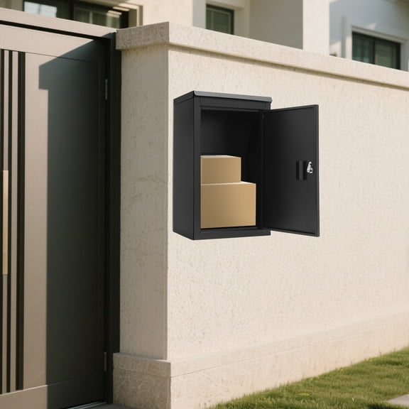 38*29*64.5cm Carbon Steel Parcel Drop Box Wall-Mounted Package Delivery Box Mail Box with Key Lock Black