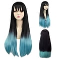 thumbnail image 1 of Pelucas con flequillo para mujer, peluca ondulada suelta de 70 cm, peluca de fibra de seda con degradado negro y azul, malla rosa con redecilla para el pelo, peluca postiza., 1 of 5