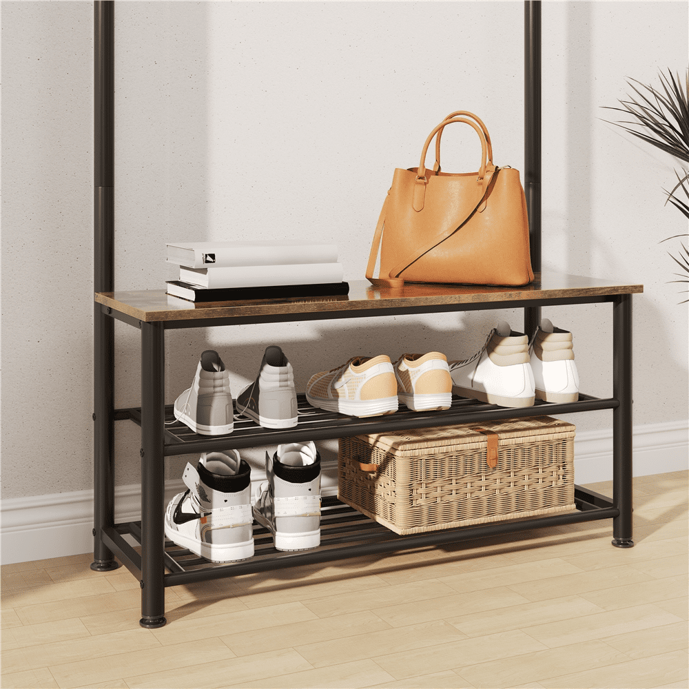 Alden Design 73"H Metal Hall Tree with 2 Layer Shoe Storage, Rustic Brown