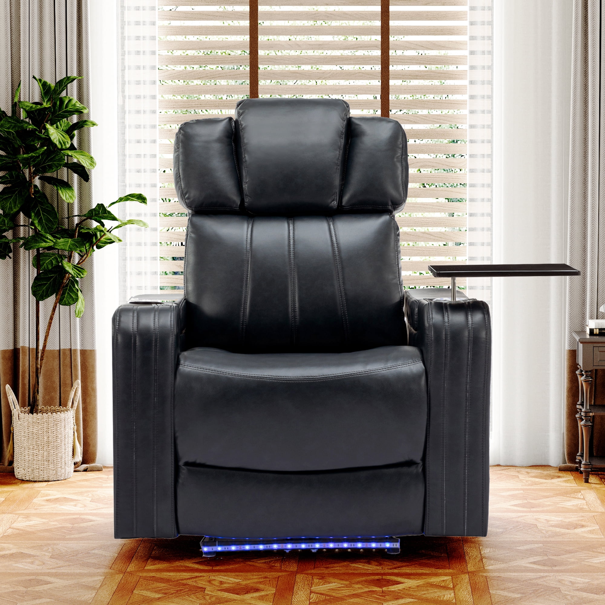 EUROCO PU Leather Home Theater Recliner,Power Recliner Adjustable Recliner with Bluetooth Speaker ,USB Ports, Tray Table, Arm Storage, footrest, Cup Holder and LED Lights, Black