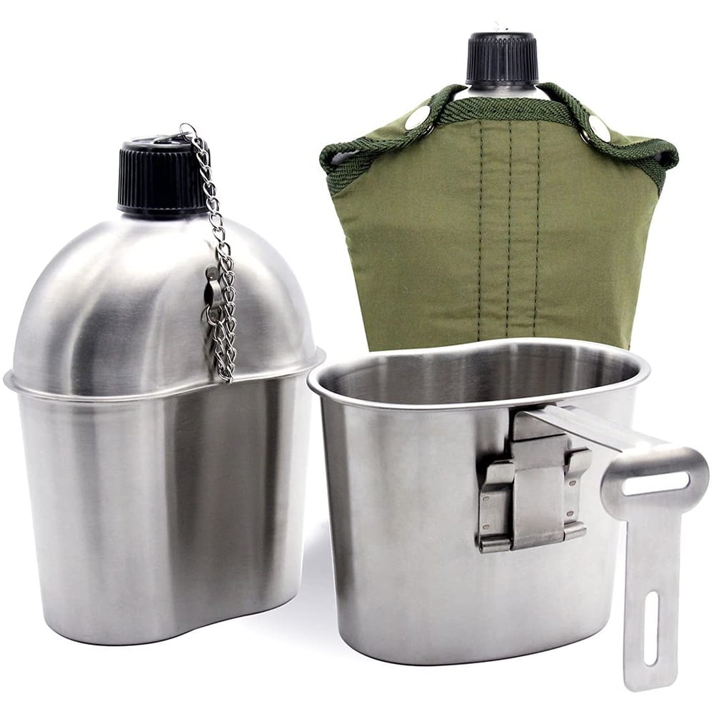 3 Piece Military Canteen Kit For Outdoor Camping Hiking w/ Cover & Aluminum Cup 