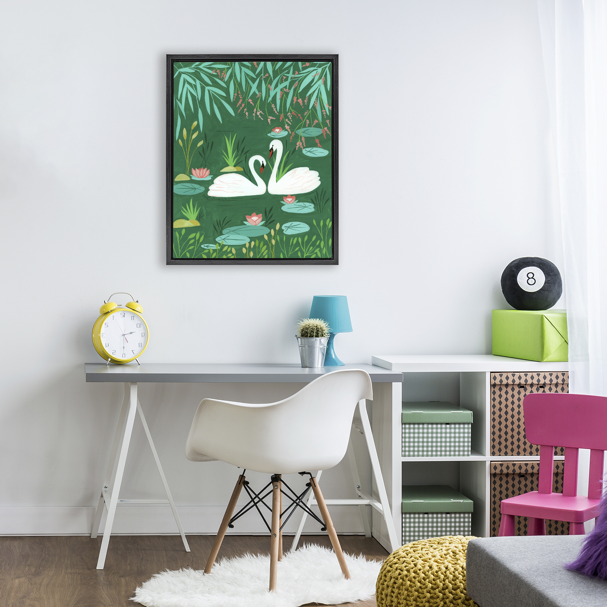 Swan Pair on Green Pond Black Framed Floater Canvas Wall Art, design by Nabeela Rumi