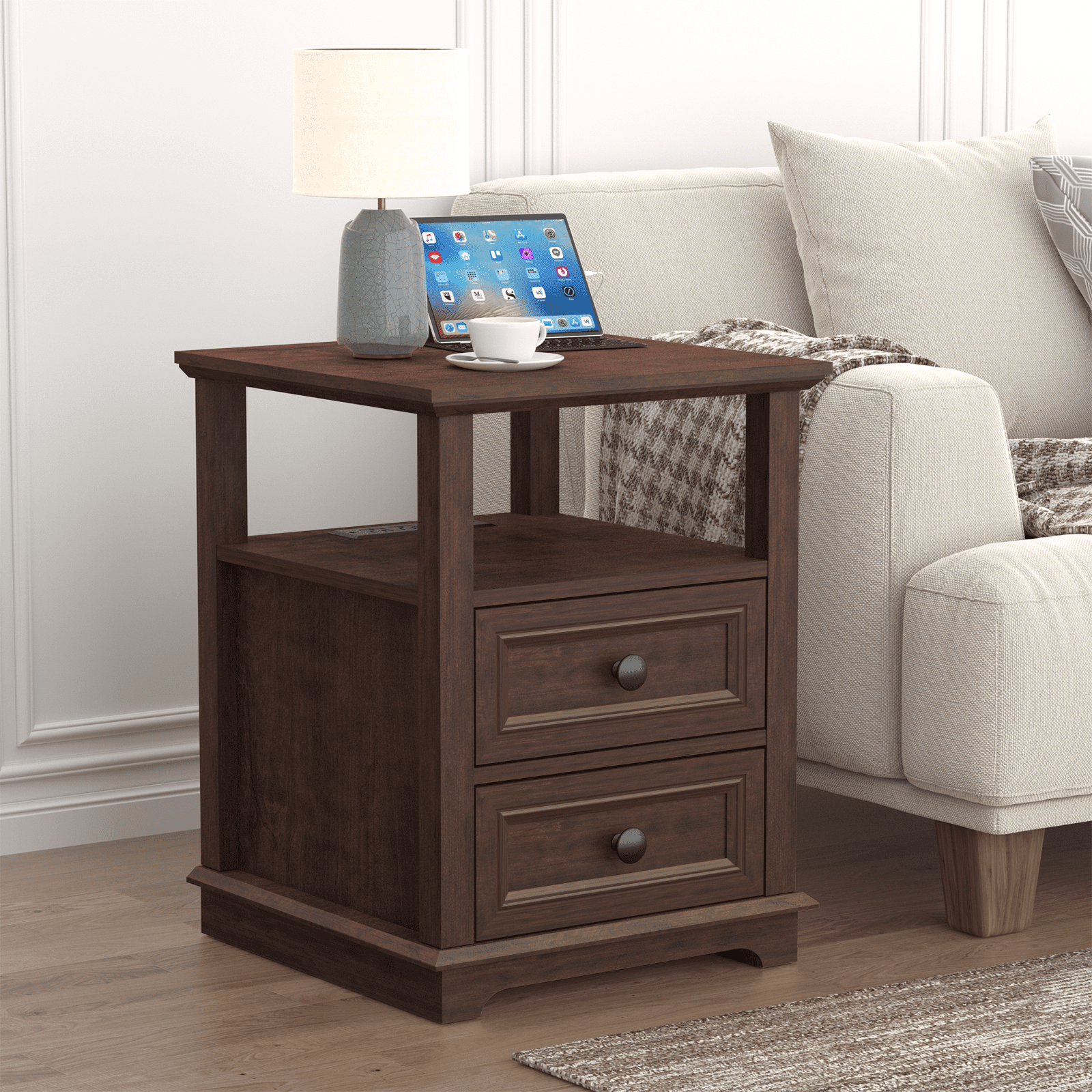 REDAYFUR 24" Tall Nightstand with Charging Station, Double 18W Fast Charge End Table, Large 18” Bedside Table with Drawers,Rustic Wood Storage Cabinet with Open Shelf for Bedroom,Cherry