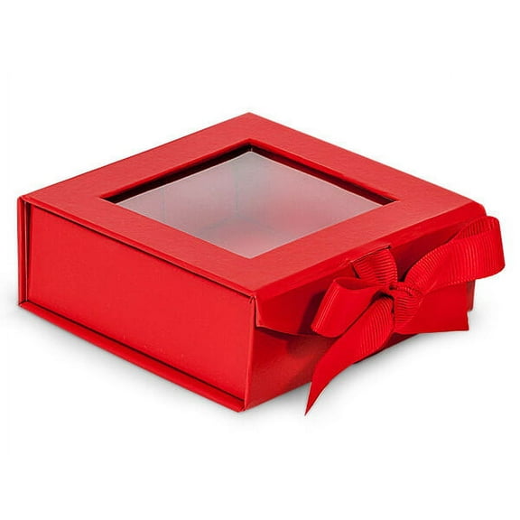 Pack Of 24, 4 X 4 X 1-5/8" Small Solid Red Gourmet Folding Boxes W/Ribbon Closures & Window Lid For Christmas & Valentine
