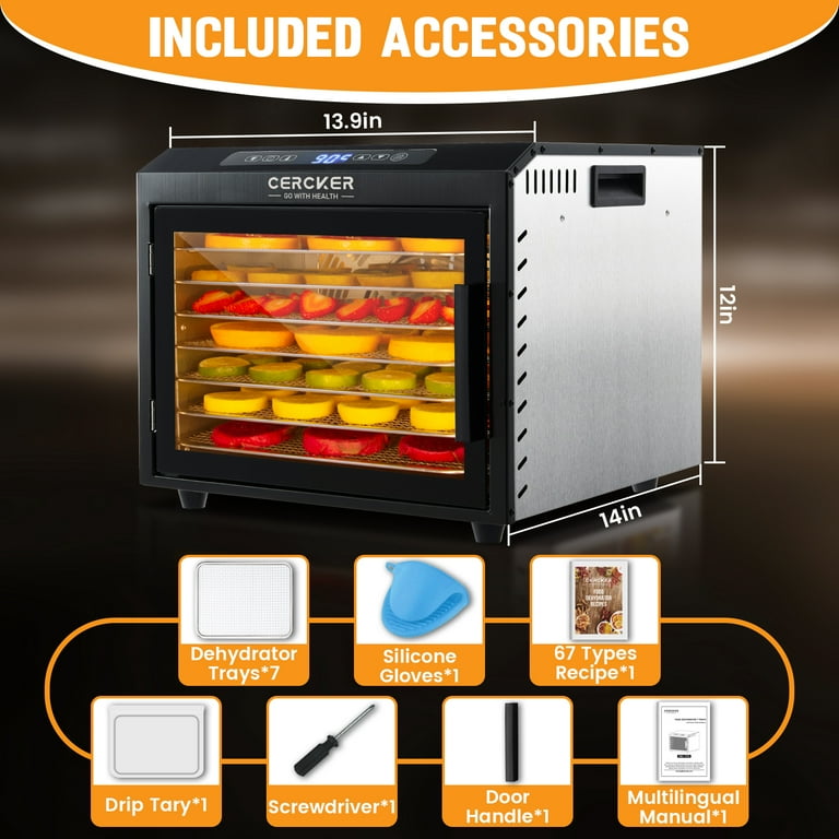 Cercker Food Dehydrator Machine, 7 Trays, Stainless Steel, 800W