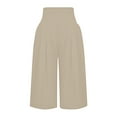 thumbnail image 5 of Pantalones capri casuales con cintura elástica y efecto lino para mujer - Pantalones deportivos de color liso con tejido crepé lavado para un uso diario cómodo, 5 of 5